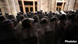 Armenian riot police on duty amid a tense situation in Yerevan's Republic Square on September 21.