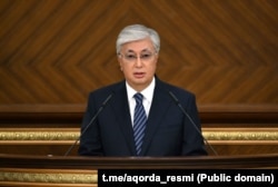Kazakh President Qasym-Zhomart Toqaev makes his annual state of the nation address during a parliament session in Astana on September 1.