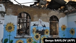 A painting on a wall at a heavily damaged cultural center in Irpin, northwest of Kyiv (file photo)