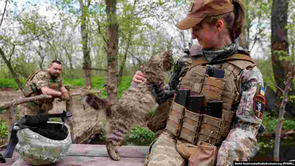 Українська військова Наталія гладить кота на передовій позиції. 28 квітня 2022 року