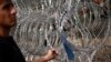 A migrant inspects a razor-wire fence at Serbia's border with Hungary in September 2015. 
