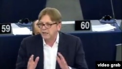 The video shows former Belgian Prime Minister Guy Verhofstadtster growing visibly heated as he accuses Hungarian Prime Minister Viktor Orban of pursuing policies that seek to deliberately sabotage European values.