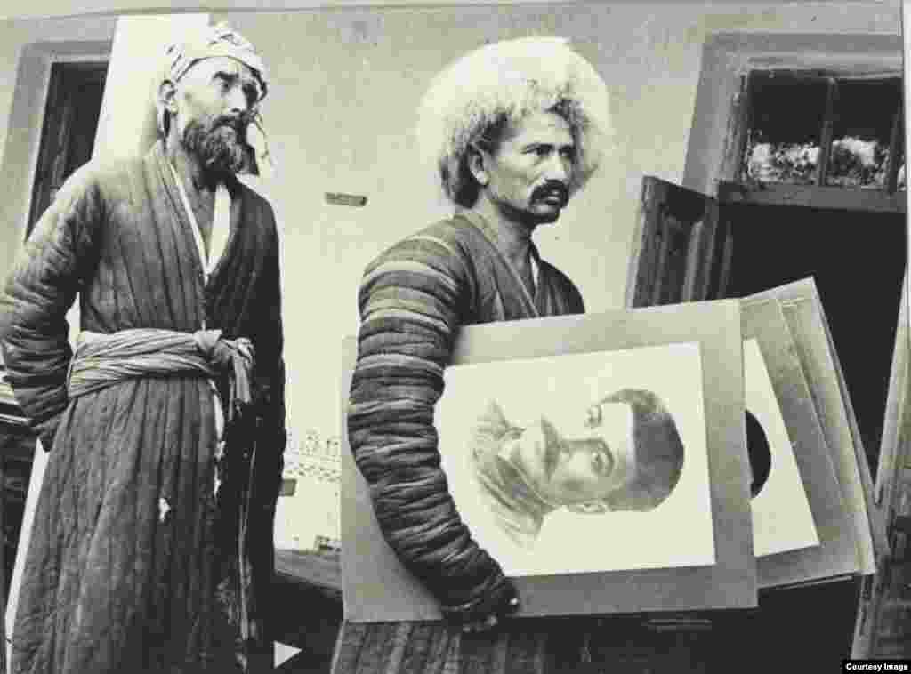 Uzbek men holding portraits of Stalin. The Soviets actively repressed Islam in the Uzbek S.S.R., attempting to replace religious faith with political zeal.