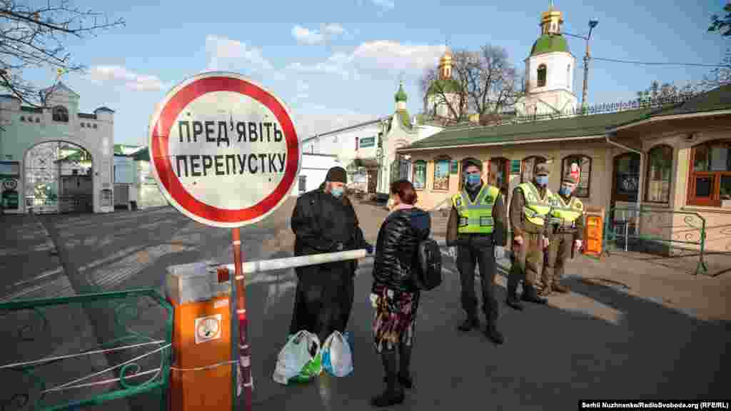 Ukrainian police restrict the number of people arriving at Kyiv Pechersk Lavra monastery for Easter celebrations on April 18. It was one of the only places that allowed worshipers instead of&nbsp;broadcasting services. The complex was placed under quarantine after more than 90 of its monks tested positive for the coronavirus. At least two have died. The monastery is controlled by a rival Orthodox denomination in Ukraine that is loyal to the Russian church in Moscow.