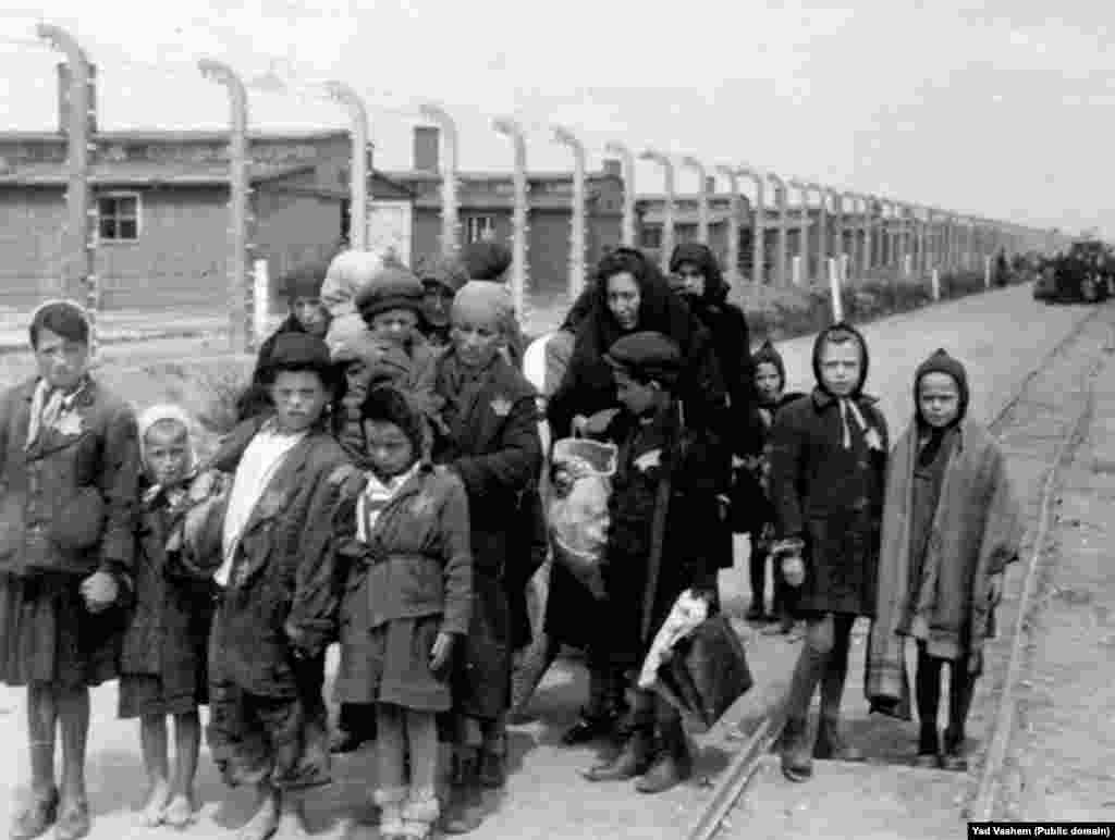 На фото праворуч: 1944 рік. Жінка з дітьми прямує в газову камеру. На задньому тлі видно дерев&#39;яні бараки &ndash; це табори &laquo;Біркенау&raquo;, які додатково були побудовані в &laquo;Аушвіці&raquo;. Після війни ці будівлі були зруйновані, але цегляні стіни і димарі збереглися