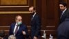 Armenia -- Prime Minister Nikol Pashinian, parliament speaker Ararat Mirzoyan (C) and his deputy Alen Simonian (R) arrive for the Armenian government's question-and-answer session in the National Assembly, Yerevan, March 3, 2021.