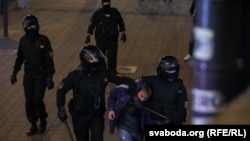 Riot police detaining protesters on September 23 in downtown Minsk after Lukashenka's inauguration.